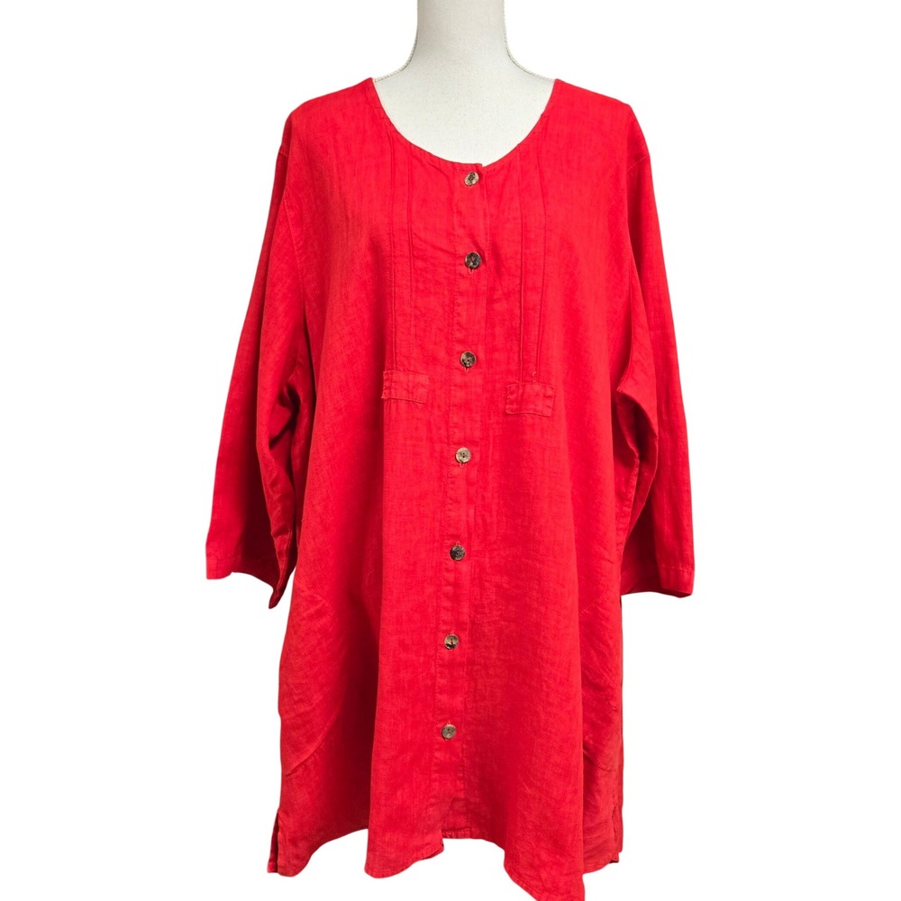 CMC Color‎ Me Cotton Red 100% Linen Button Front Tunic Top Pockets USA Made XXL